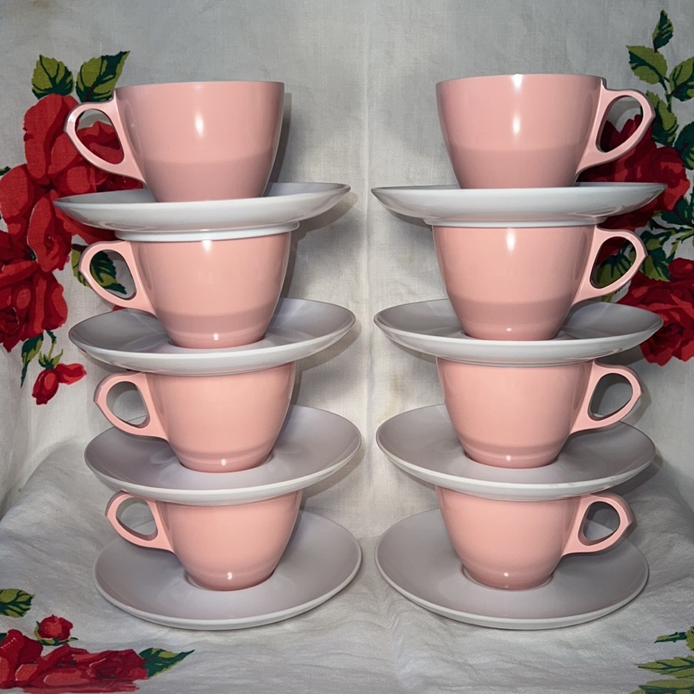 Vintage Boontonware Melamine Set of 6 Pink Tea Cups & 6 White Saucers